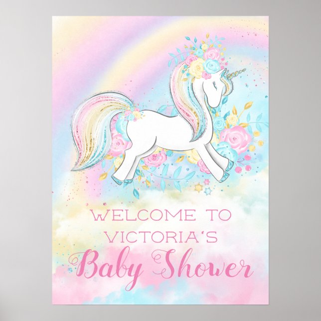 Affiche Signes de Baby shower Unicorne arc-en-ciel (Devant)