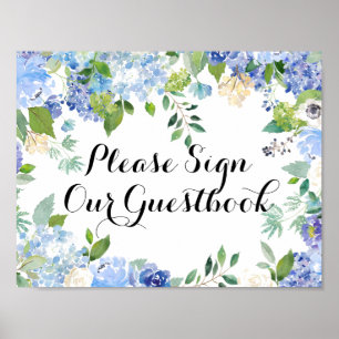 Affiche Signez Notre Guestbook Sign - Floral Bleu