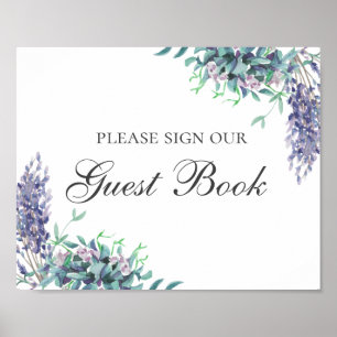 Affiche Signez notre livre d'or. Fleur violette. Mariage f