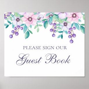 Affiche Signez notre livre d'or. Fleurs violettes et roses