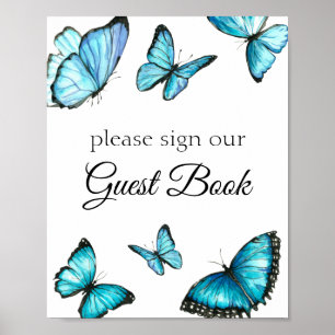 Affiche Signez notre livre d'or. Papillons bleu aquarelle.