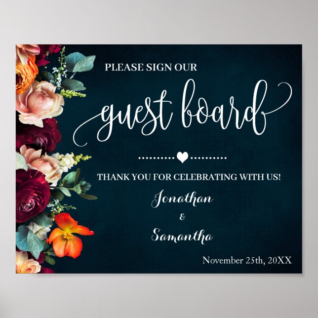 Affiche Signez notre panneau d'invités mariage vin marine  (Devant)