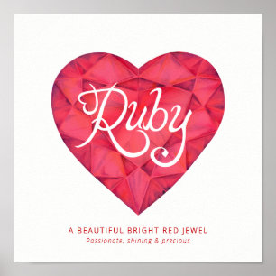 Affiche Signification du nom Ruby cœur aquarelle rouge gem