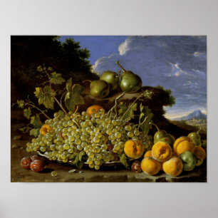 Affiche Silence with Plate of grapes, Peaches, Pears