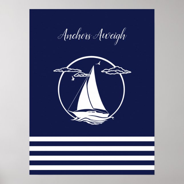 Affiche Silhouette/ancrages du voilier blanc marine (Devant)