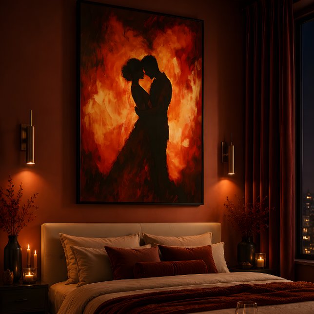 Affiche Silhouette Ardente d'un Couple Romantique (Transform your bedroom with this dramatic romantic fire inspired couple wall art print.)