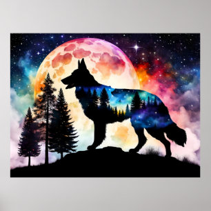 Affiche Silhouette berger allemand sur la lune de montagne