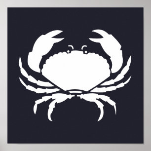 Affiche silhouette blanche CRAB nautique sur bleu marine
