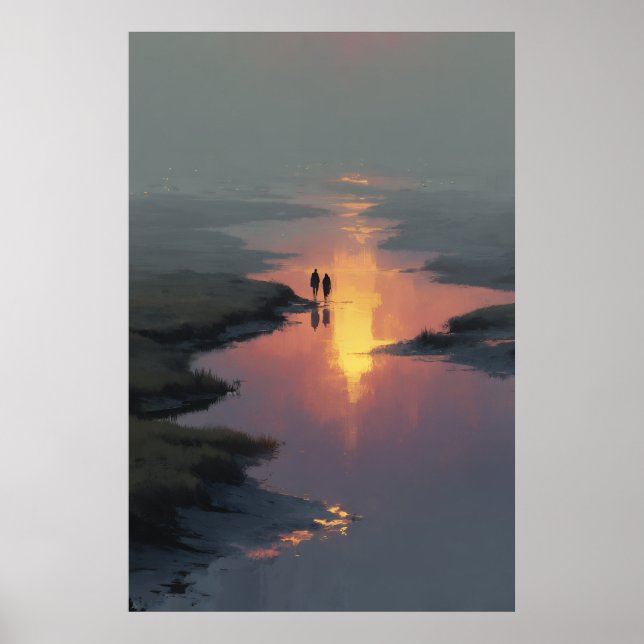 Affiche Silhouette Couple Sunset Stream Reflection (Devant)