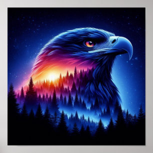 Affiche Silhouette d'aigle avec coucher de soleil forestie