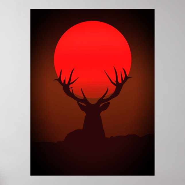 Affiche Silhouette de cerf avec coucher de soleil rouge fe (Devant)