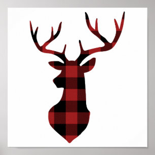 Affiche Silhouette de cerfs de Noël Plaid Buffalo Rouge