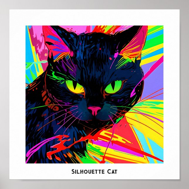 Affiche Silhouette de chat noir dans l'art pop abstrait co (Devant)