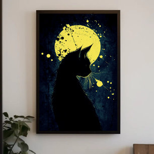 Affiche Silhouette de chat noir sur une lune jaune