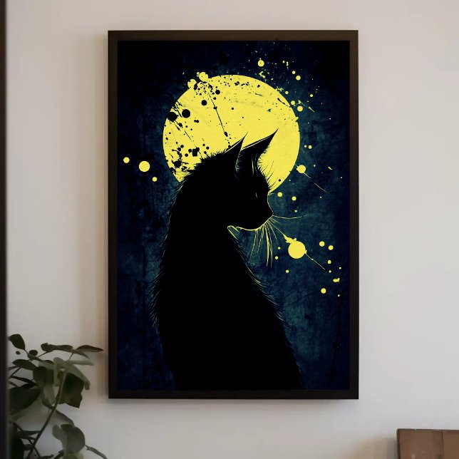 Affiche Silhouette de chat noir sur une lune jaune (Créateur téléchargé)