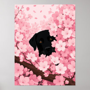 Affiche Silhouette de chien noir sur fond de fleurs de cer