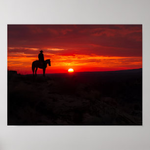 Affiche Silhouette de cow-boy solitaire Coucher de soleil
