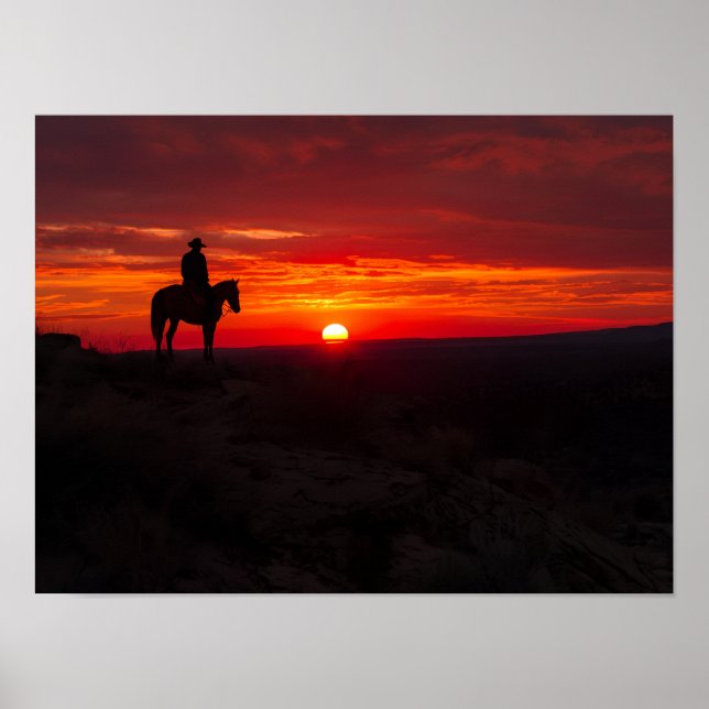 Affiche Silhouette de cow-boy solitaire Coucher de soleil  (Devant)
