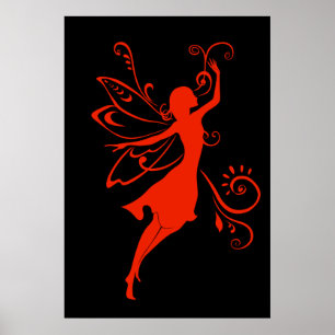Affiche Silhouette de Fée Rouge Élégante Ailée Fantastique