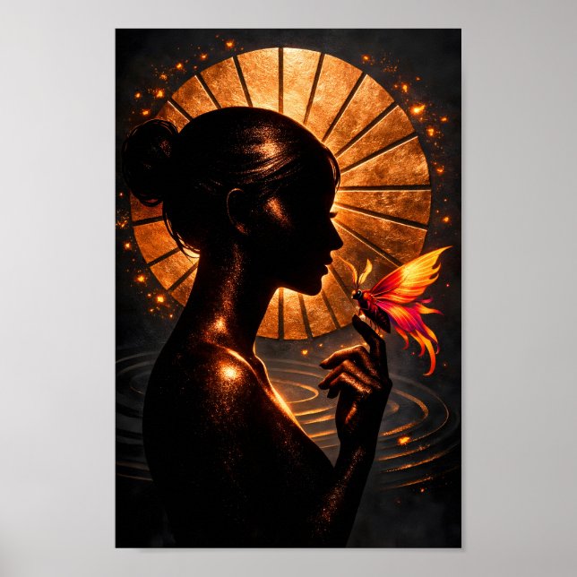Affiche Silhouette de femme dorée Papillon Art Fantastique (Devant)