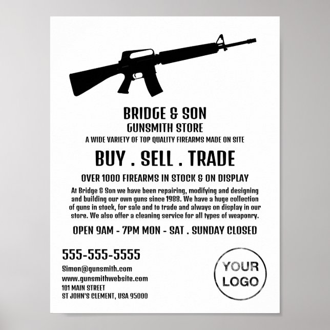 Affiche Silhouette de fusil, forgeron, publicité de magasi (Devant)