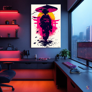 Affiche Silhouette de geisha au coucher du soleil – Élégan