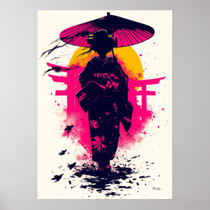 Affiche Silhouette de geisha au coucher du soleil – Élégan