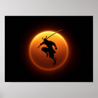 Affiche Silhouette de guerrier samouraï contre soleil oran