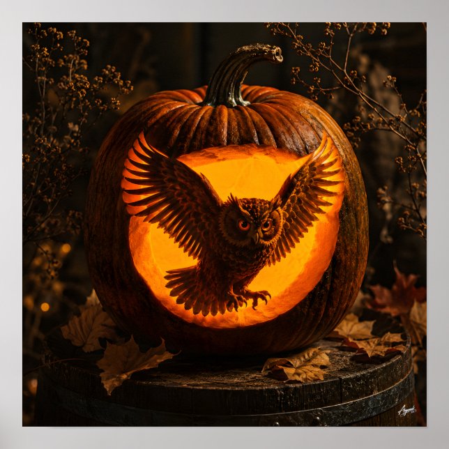 Affiche Silhouette de hibou Citrouille rustique (Devant)