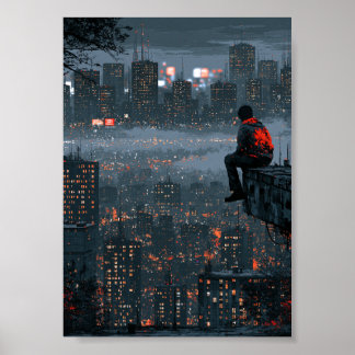 Affiche Silhouette de la ville cyberpunk d'une figure soli