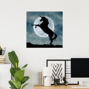 Affiche Silhouette de licorne ciel nocturne pleine lune