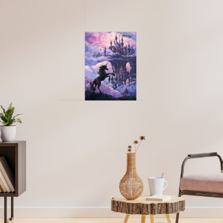 Affiche Silhouette de licorne et château dans des nuages r