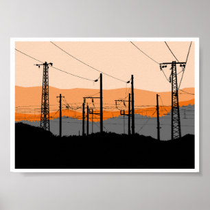 Affiche Silhouette de lignes électriques au coucher du sol