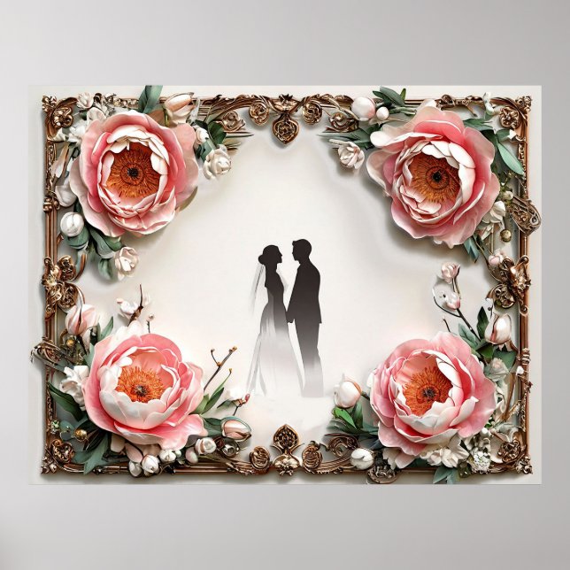 Affiche Silhouette de mariage romantique dans un cadre flo (Devant)