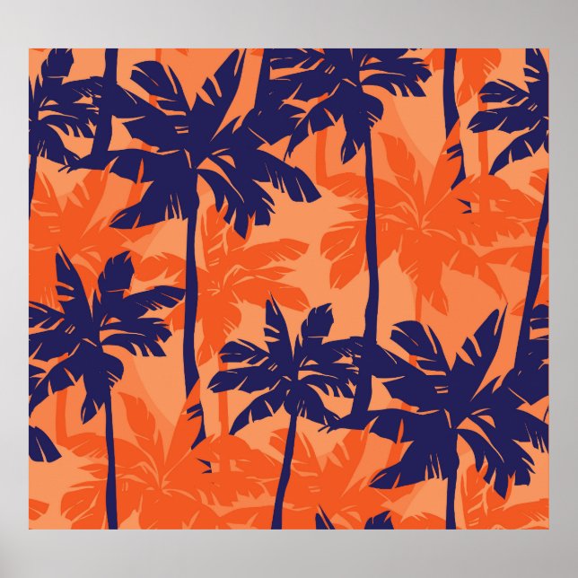 Affiche Silhouette de palmier bleu, arrière - plan orange (Devant)