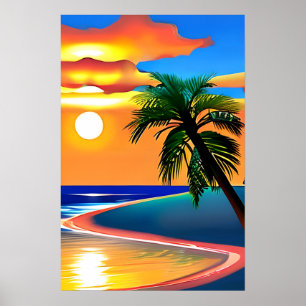 Affiche Silhouette de palmier et coucher de soleil coloré