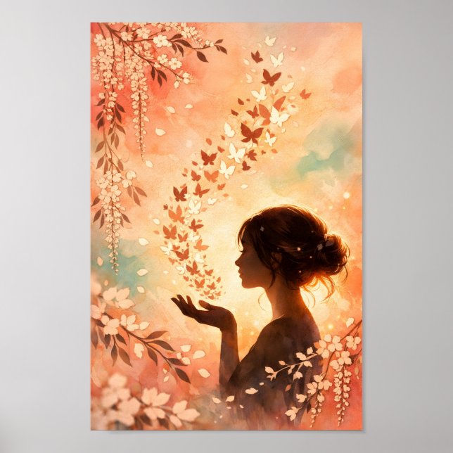 Affiche Silhouette de papillon Fille florale pêche Aquarel (Devant)