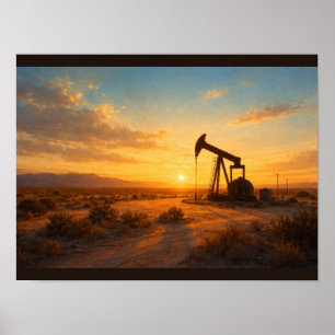 Affiche Silhouette de pompe à pétrole au coucher du soleil
