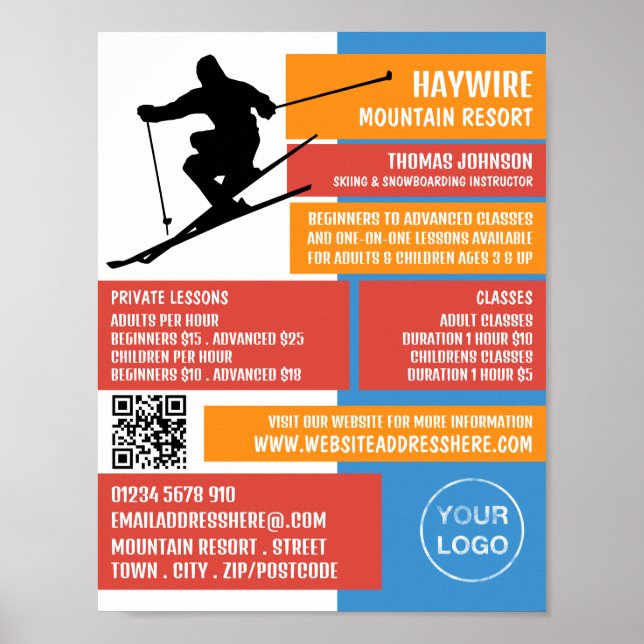 Affiche Silhouette de skieur, leçons de ski/snowboard (Devant)