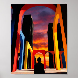 Affiche "Silhouette de ville au coucher du soleil avec arc