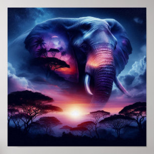 Affiche Silhouette d'éléphant au coucher du soleil