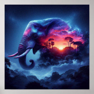 Affiche Silhouette d'éléphant fusionnée avec coucher de so
