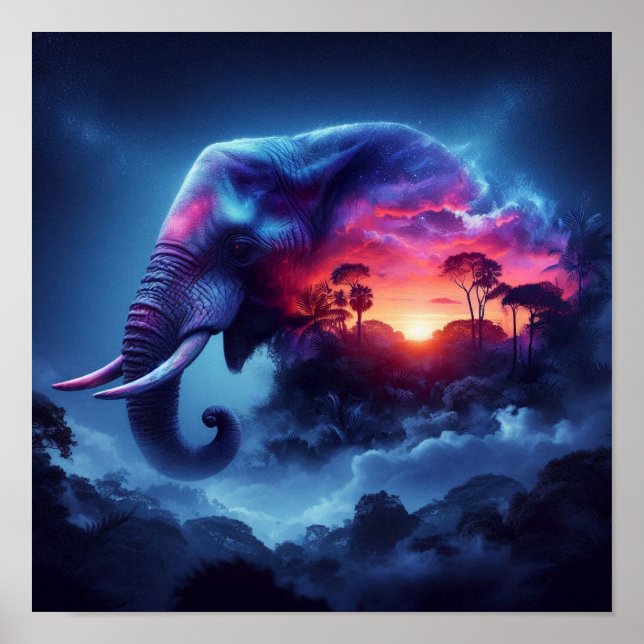 Affiche Silhouette d'éléphant fusionnée avec coucher de so (Devant)
