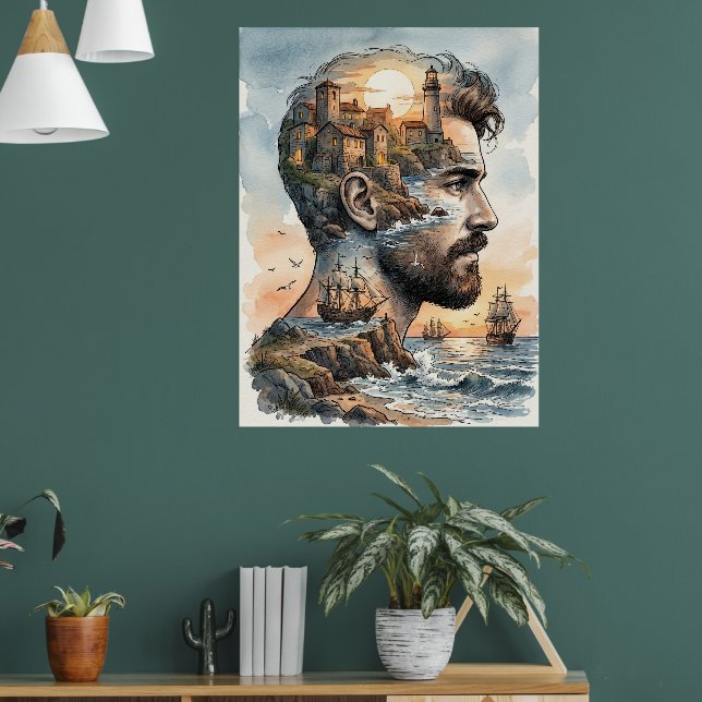 Affiche Silhouette d'homme à l'aquarelle avec double expos (Salon 1)