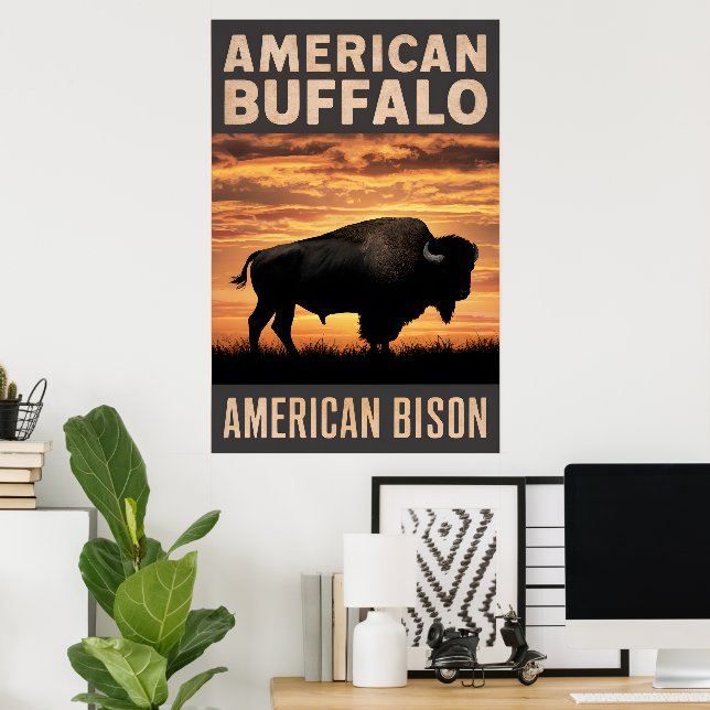 Affiche Silhouette du coucher de soleil de bison américain (Bureau à domicile)