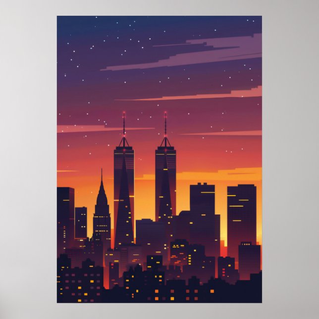 Affiche Silhouette du coucher de soleil de Cityscape (Devant)