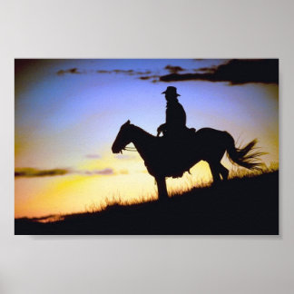 Affiche Silhouette du coucher de soleil de cowboy occident