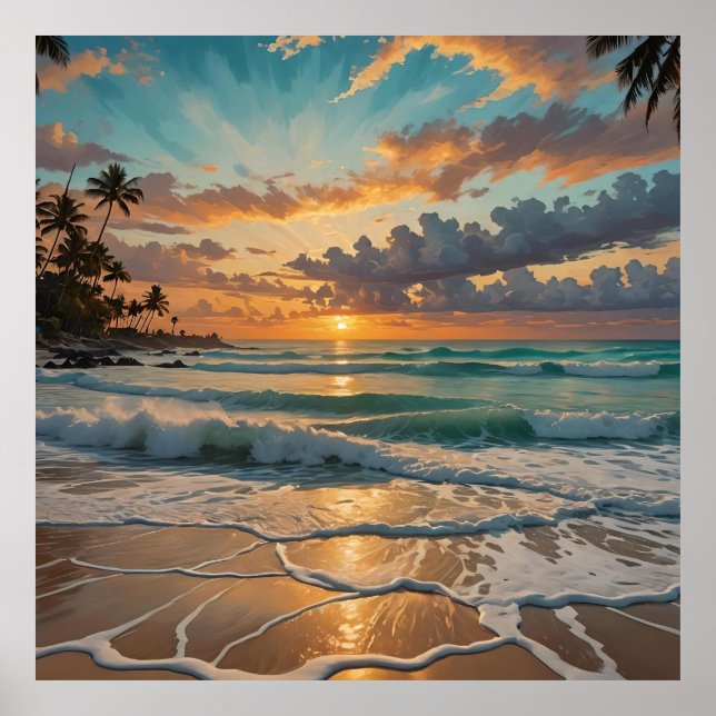 Affiche Silhouette du coucher de soleil sur la plage (Devant)