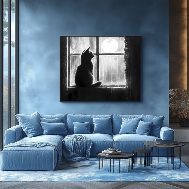 Affiche Silhouette d'un chat par la fenêtre en clair de lu (Créateur téléchargé)