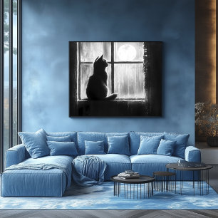 Affiche Silhouette d'un chat près de la fenêtre au clair d